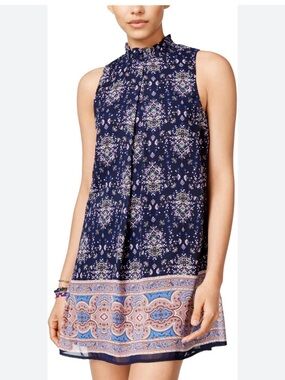 Speechless Navy Floral Paisley-Trim Sleeveless Mock-Neck Tunic Dress